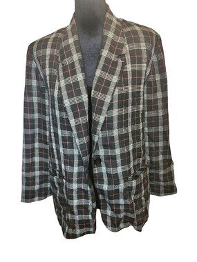 Liz Baker Petite Vintage 80s Black Pink Plaid Blazer M Oversized Preppy Relaxed